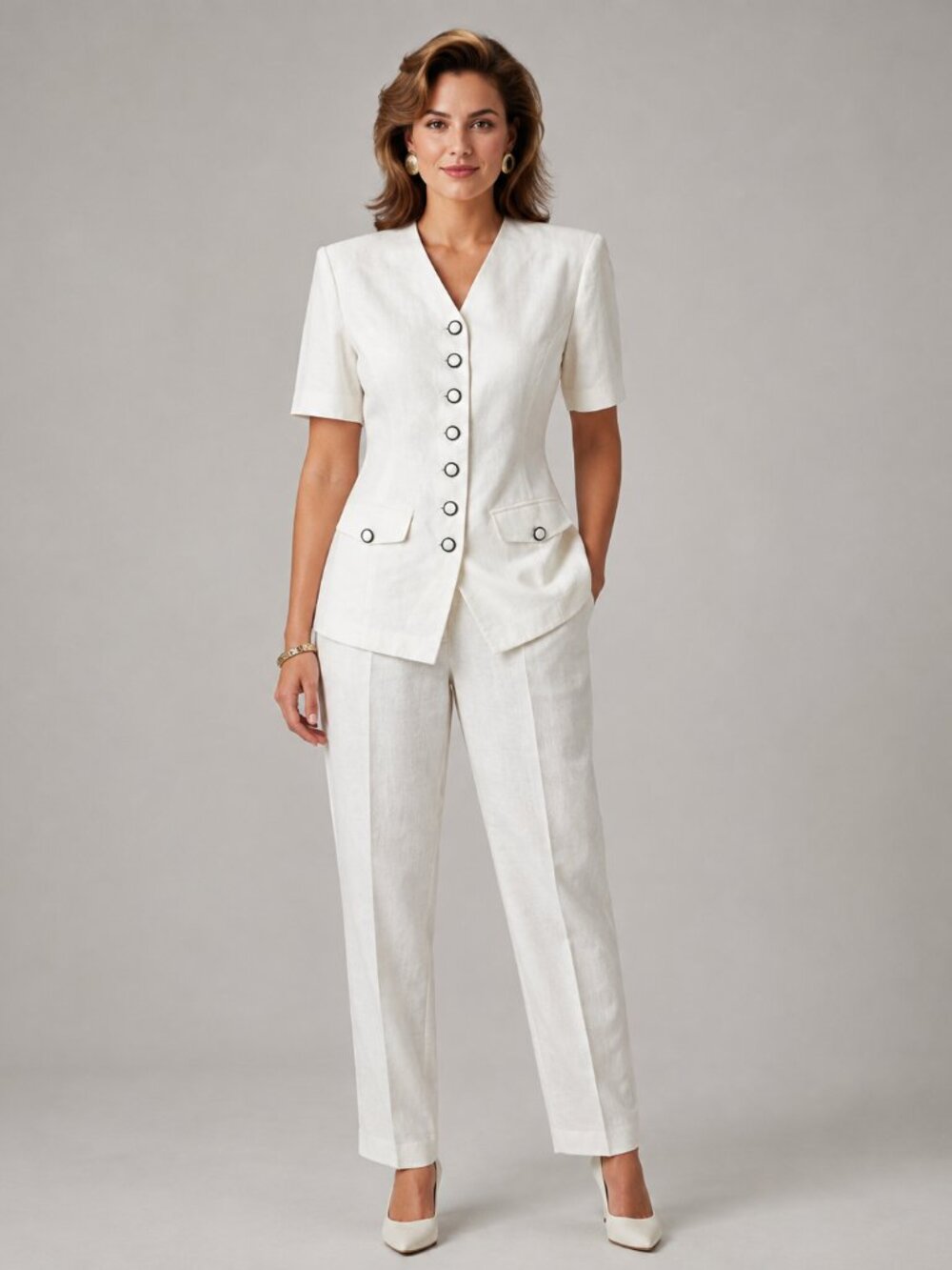 Vintage 90s Lucia White Linen Look Pantsuit Made USA Size 8/10